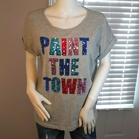 Soho New York & Company Womens Gray Sequin Roll Up Cap Sleeves Tee Shirt Size M - Picture 10 of 10